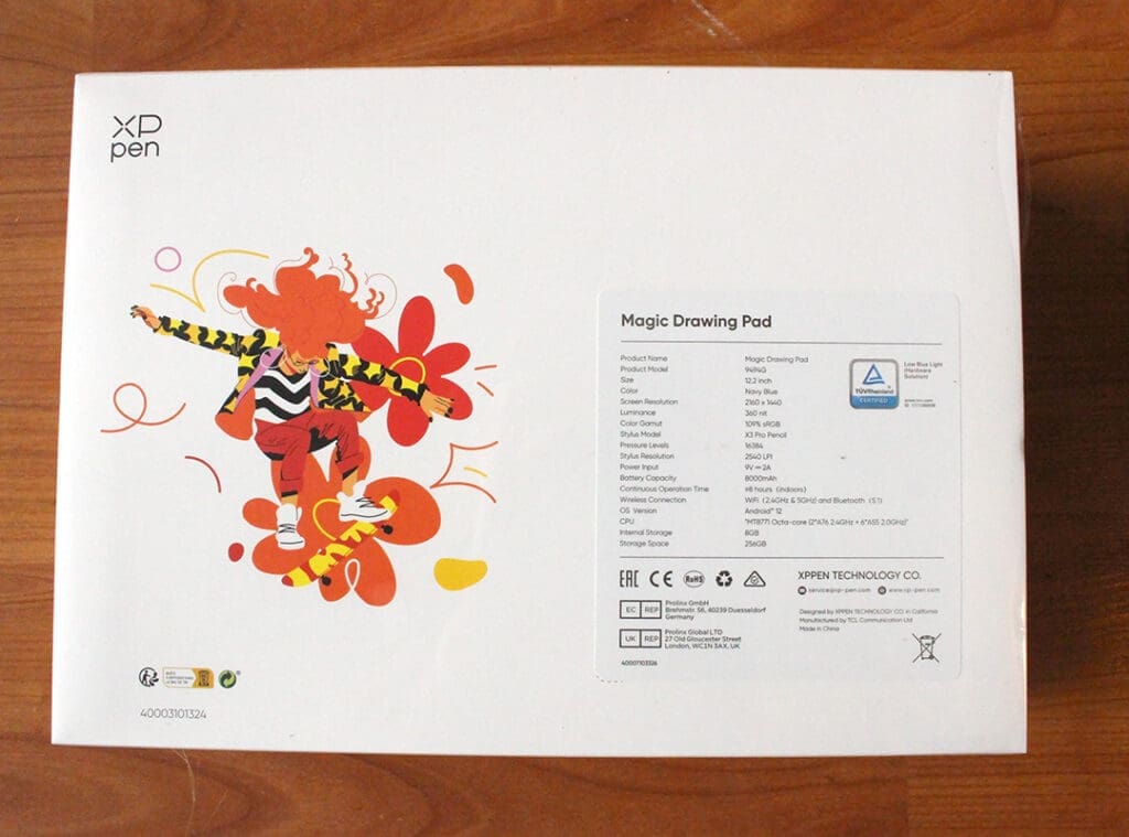 Packaging de la tablette Magic Drawing pad de XP-Pen (l'envers de la boite)