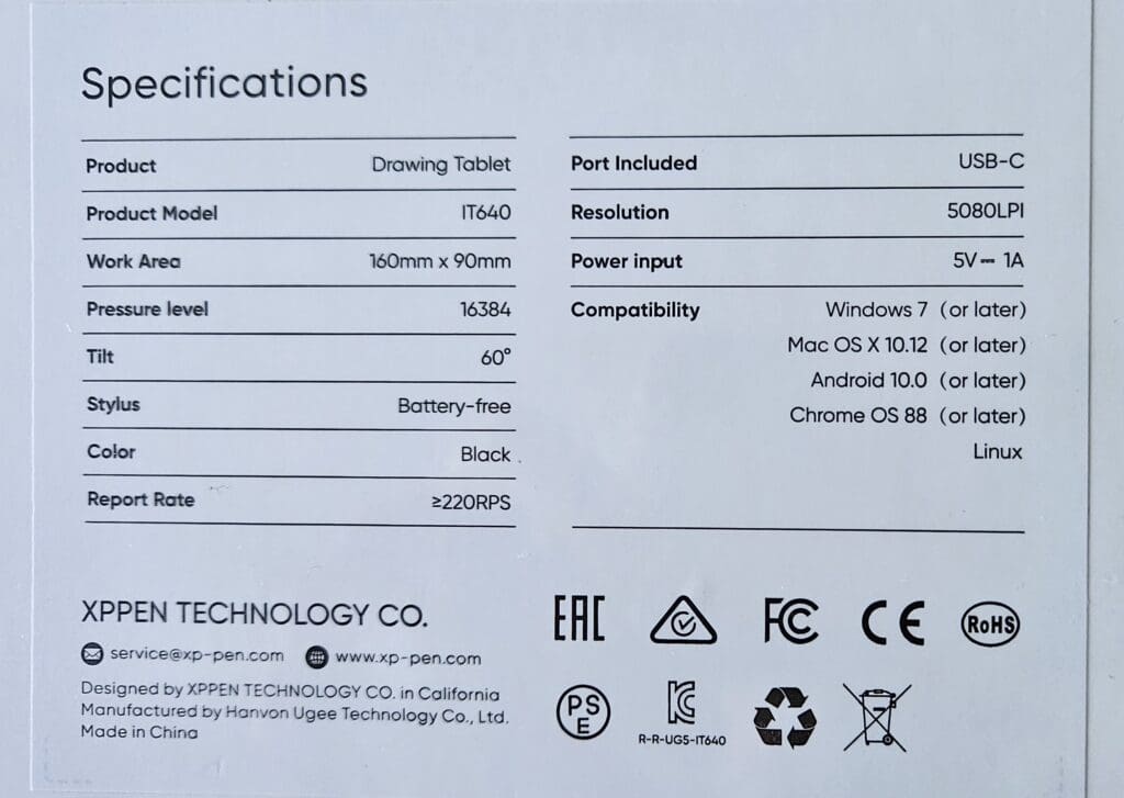 XPPen Deco 640 Boîte verso spécifications