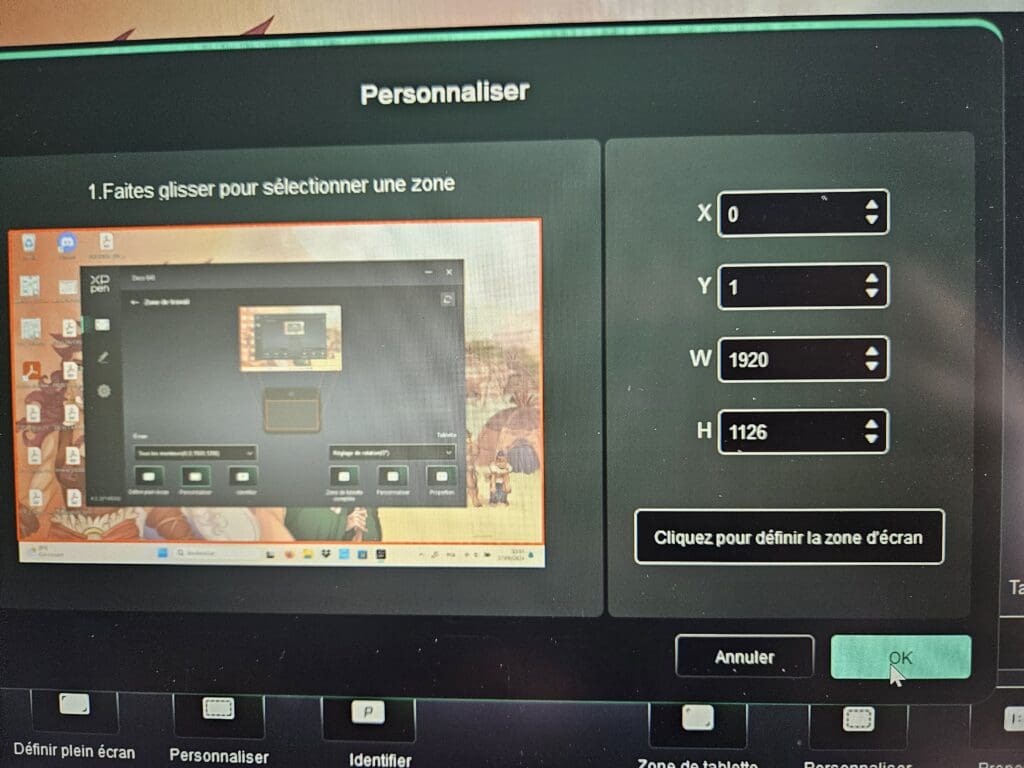 XPPen Deco 640 - Pilote - Interface : Cliquez sur "Cliquez pour définir la zone d'écran"
